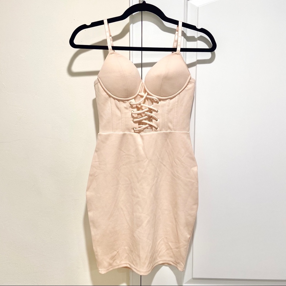 Fashion Nova corset style laced dress nude color